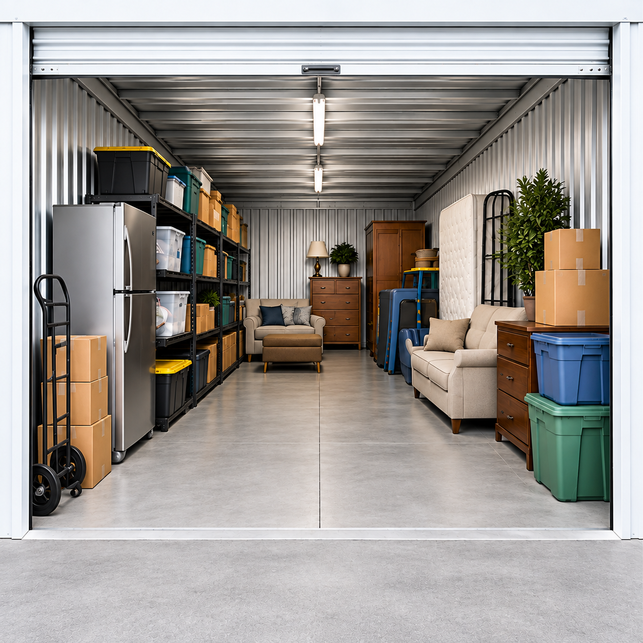 Open storage unit holding furniture, boxes, and bins